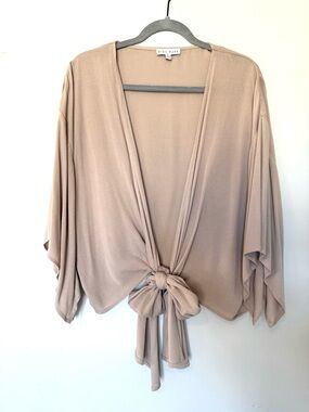 Tie Front Blouse Kimono Sleeve Lightweight Flowy Top Neutral Taupe Size M